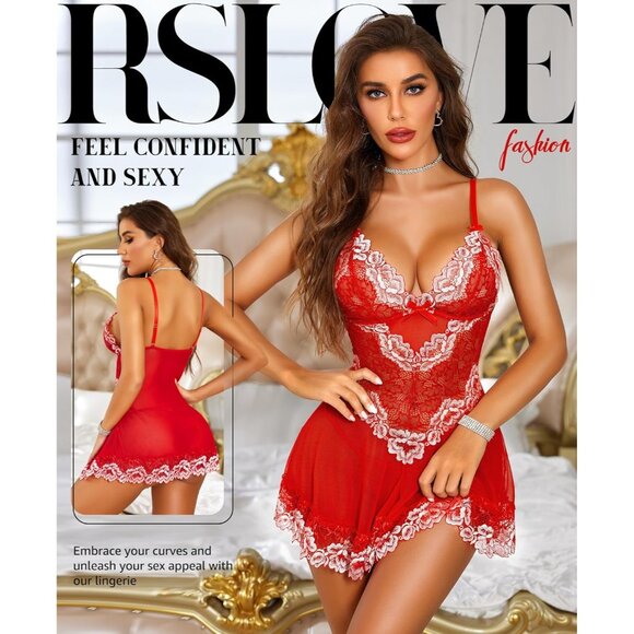 Women Red-white Lingerie Lace Babydoll Mesh Chemise Sleepwear Bridal Nightdress - Picture 2 of 5